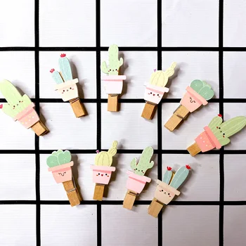 

10packs wholesale wood green with hemp rope cartoon pink green cactus small wooden clip photo clip note clip diy picture wall