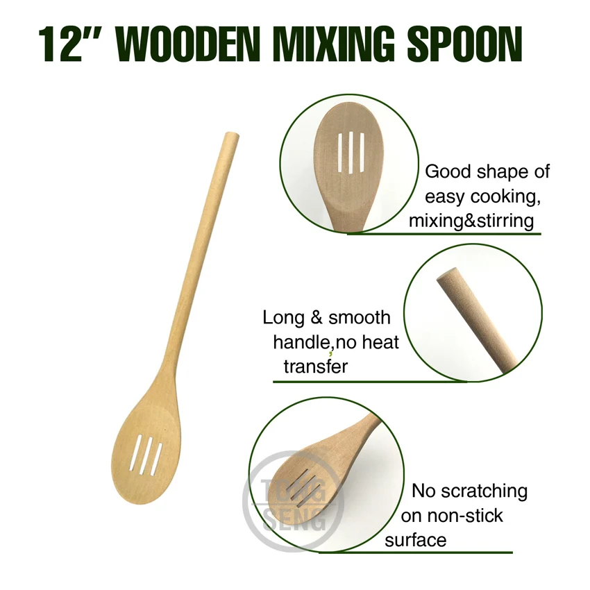 Wooden Bamboo Slotted Spoon 12 inch No-heat Handle Cooking Mixing Stirring Kitchen Tool Natural Light Utensil