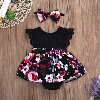 

Summer Baby Girls Cotton Flare Sleeve Bodysuit+Bow knot Headband