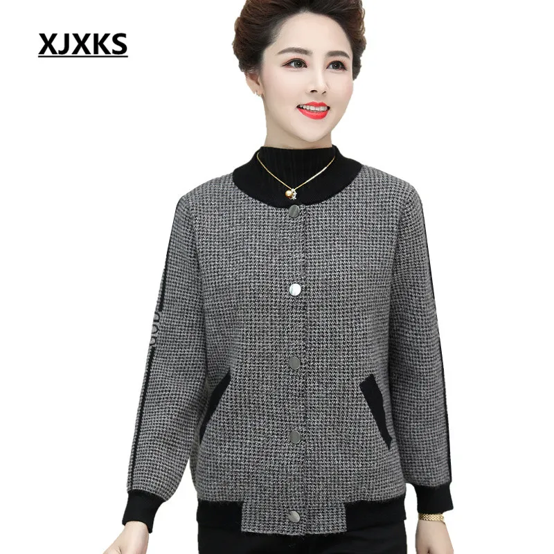

2019 Plus size fashion houndstooth single-breasted women jacket 2019 autumn winter new cashmere knit cardigan women sweater coat