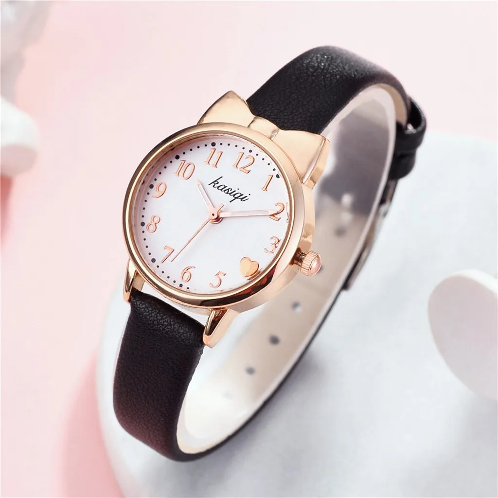 

New Cute Cat Ears Women Watch Student Watch Leather Strap Analog Quartz Wristwatch Simple Lady Business Watches Reloj Mujer #W
