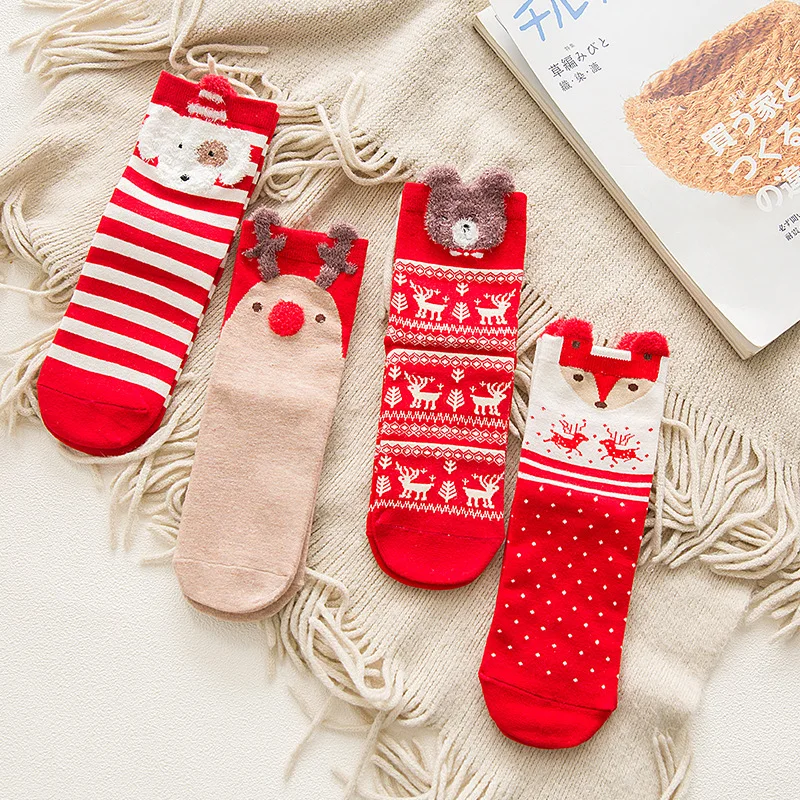 4 пар/лот, новинка, женские хлопковые Повседневные носки с лисой и лосем, женские, женские, мужские, рождественские носки, подарок, чулочно-носочные изделия, Красные Полосатые носки с героями мультфильмов - Цвет: 4 pairs