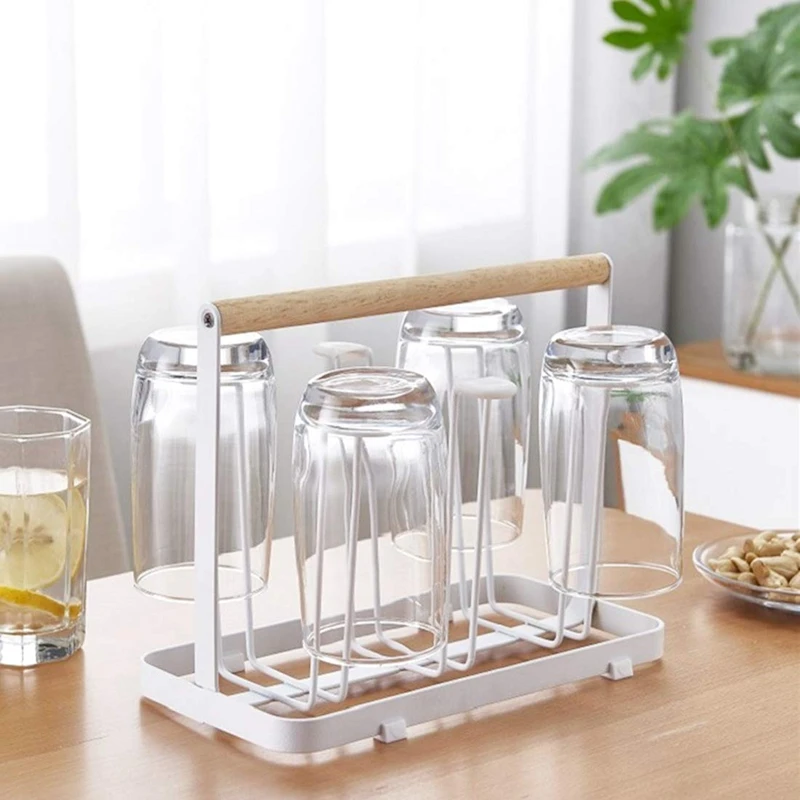 

Cup Drying Rack Stand, 6 Cup Metal Drainer Holder Rack Non-Slip Mugs Cups Organizer with Wood Handle