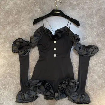 

2020 Autumn Three-dimensional Ruffled Bell Sleeve Diamond Buckle Sexy Off-Shoulder Jumpsuit for Women Black Playsuits Shorts