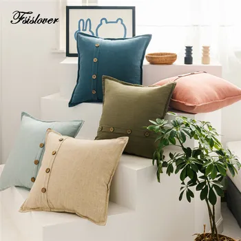 

FSISLOVER Nordic Decorative Cushion Cover Solid Linen Pillowcase Double Needle Buckle Sofa Cushion 45x45 funda cojin hogar