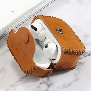 

JINSERTA Handmade Genuine Leather Case for AirPods Pro Shockproof Cover with Anti-lost Buckle for AirPods 3 Charging Box