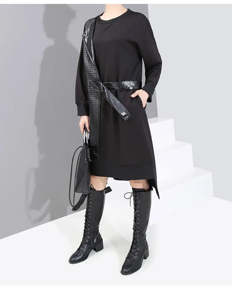 XITAO Бандажное платье с перекрестными краями, женское Модное новое черное лоскутное платье с длинным рукавом, зима, плиссированное Элегантное повседневное платье DMY1746