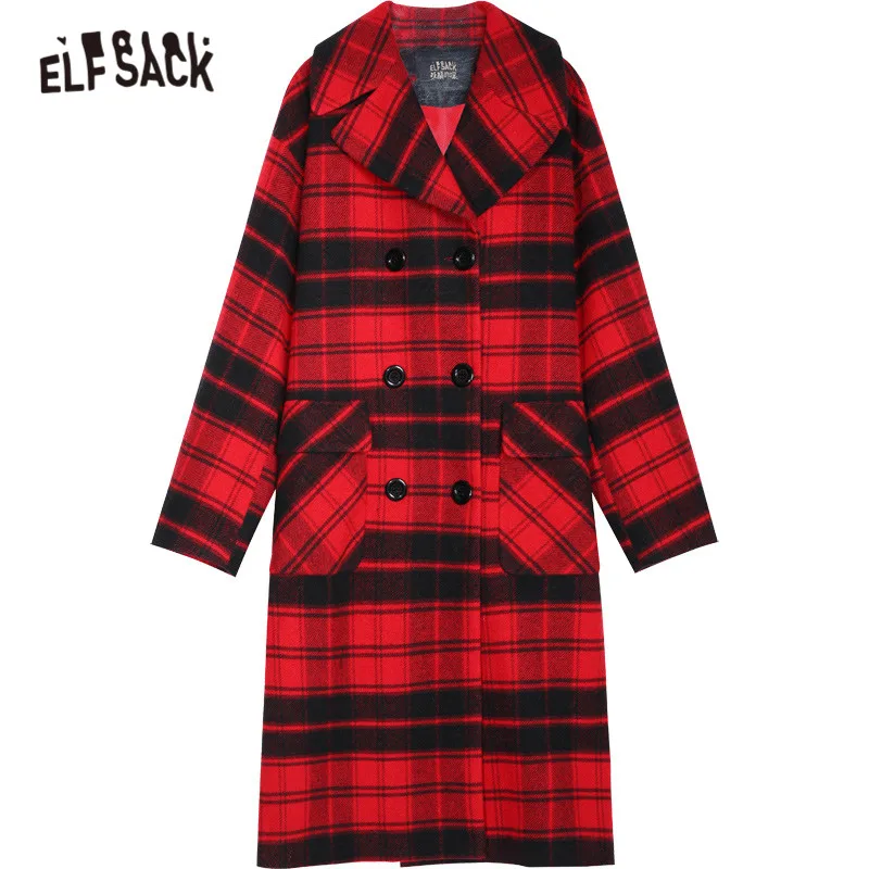 ELFSACK, китайское красное клетчатое прямое двубортное шерстяное пальто для женщин, зима, вышивка крысы, длинный рукав, Корейская женская верхняя одежда