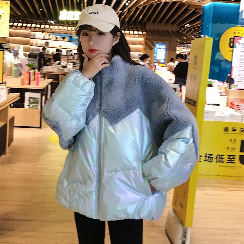 lightblue Женское зимнее пальто из искусственного овечьего меха, лоскутное хлопковое пальто, новинка, модная короткая куртка, повседневное свободное Женское пальто NZYD319A - Цвет: lightblue