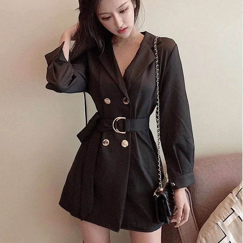 

Elegant V Neck Long Sleeve Short Dress Office Lady Belt A-Line Dress Autumn Party Notched Double-Breasted Blazer Dress
