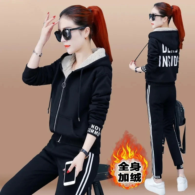 Winter Thicken Warm Lamb Wool Tracksuit Women Two Piece Set Casual Hooded Zip Up Sweatshirt Plus Velvet Pant Suit Loungewear