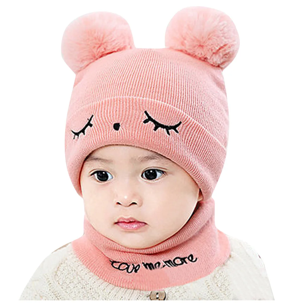 Cute Eyelash Caps For Newborn Kids Baby Boy Girl Pom Hat Winter Warm Knit Bobble Beanie Cap Scarf Set Drop Shipping - Цвет: Pink