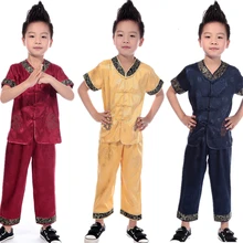 Детский Китайский традиционный костюм в стиле династии Тан кунг-фу Вышивка Дракон короткий рукав Мальчики Китай Мода Топ сценическая одежда