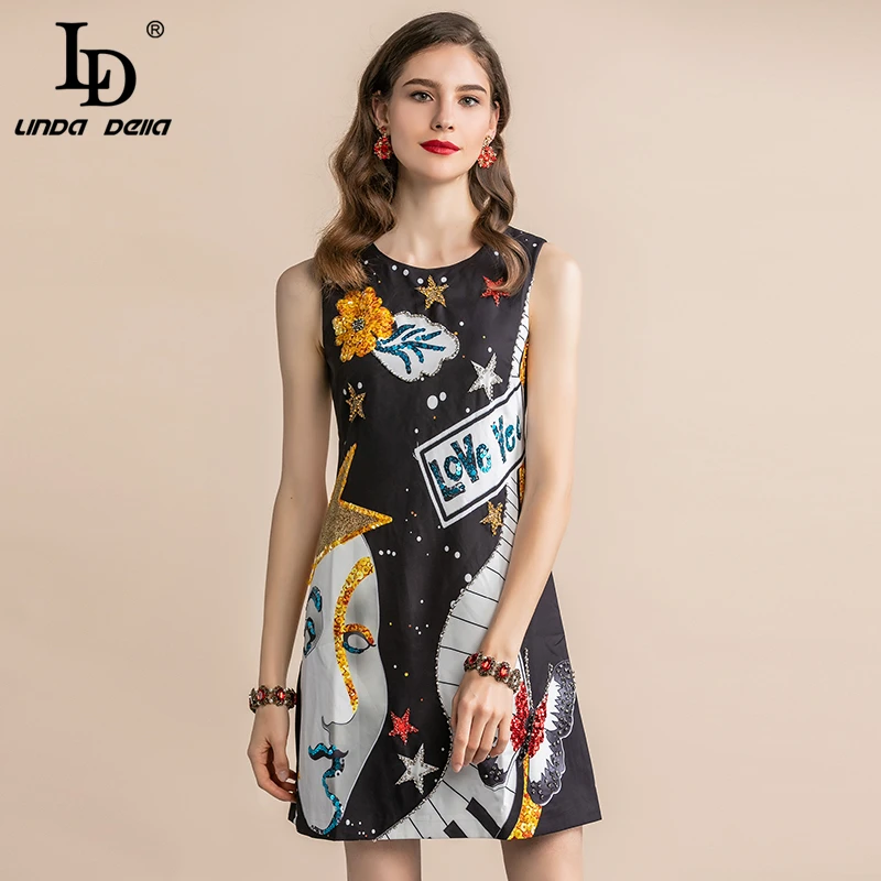 

LD LINDA DELLA Summer Fashion Runway Mini Short Dress Women's Sleeveless Abstract pattern Sequined Beading Black Vintage Dress