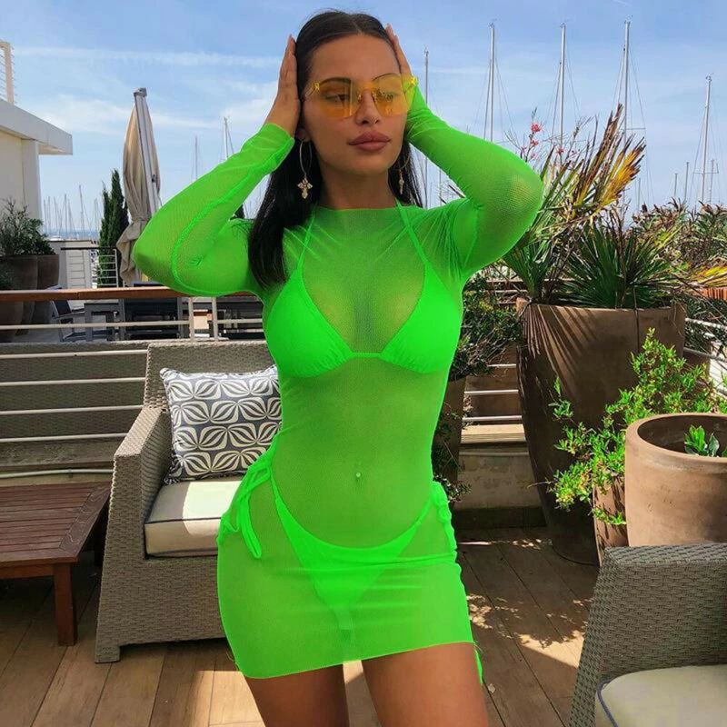 beach maxi dress with sleeves Women Sexy Bikini Cover Up See Through Long Sleeve Beach Dress Swimsuit bathing suits with matching cover ups