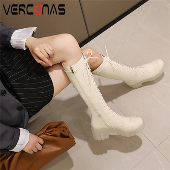 

VERCONAS New Woman Knee-High Boots Autumn Winter Fashion Popular Zipper Boots Cross-Tied Slim Long Shoes Platforms Boots Woman