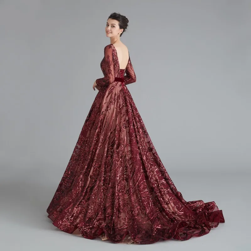 Роскошные бордовые вечерние платья с блестками с длинным рукавом Robe De Soiree торжественное платье Женские Элегантные платья для матери невесты