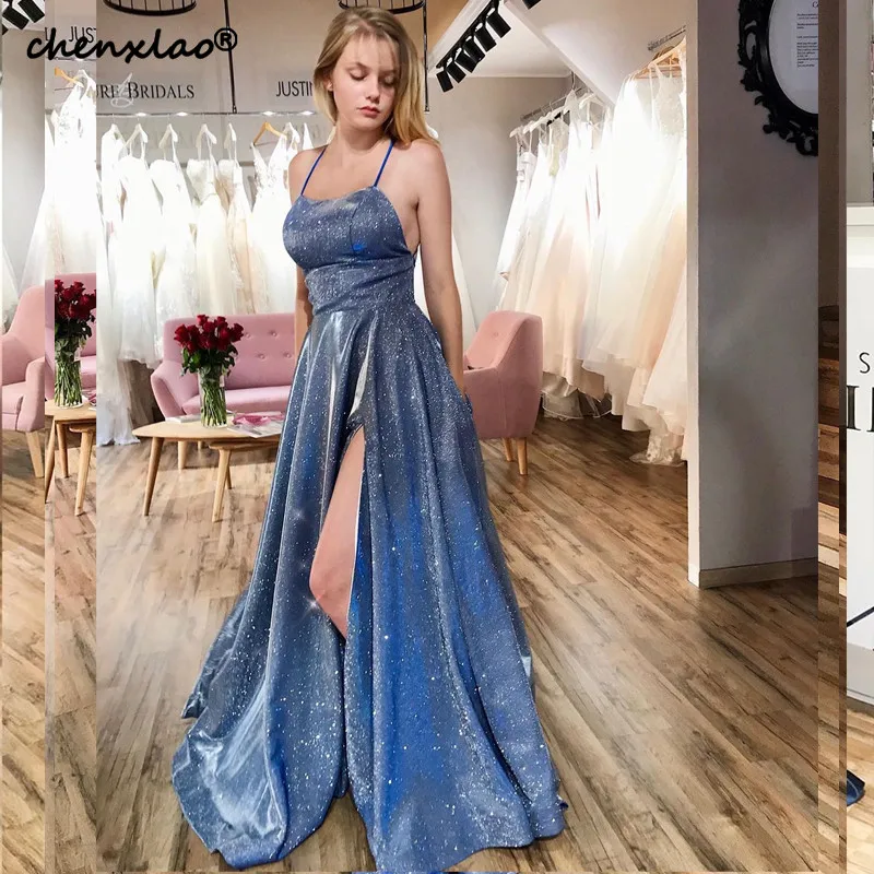 

robe de soiree Evening Dresses Long A-Line Spaghetti Strap High Split Floor Length Evening Dress Formal Gowns vestido de festa