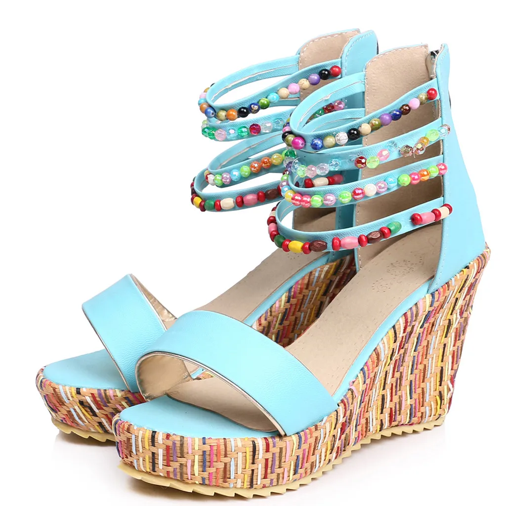 SAGACE/босоножки на танкетке; женская повседневная обувь на толстой подошве, на молнии; удобные летние пляжные сандалии в римском стиле - Цвет: Синий