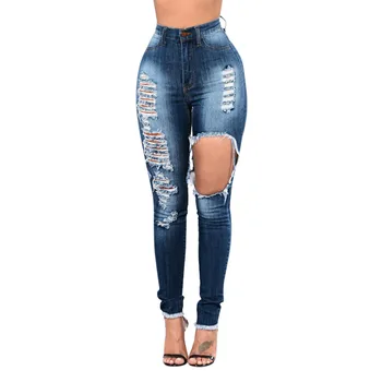 

2020 New Slim Fit Holes Jeans Pancil Pants Women High Waist Slim Ripped Denim Jeans Fashion Casual Stretch Sexy Trousers Jeans