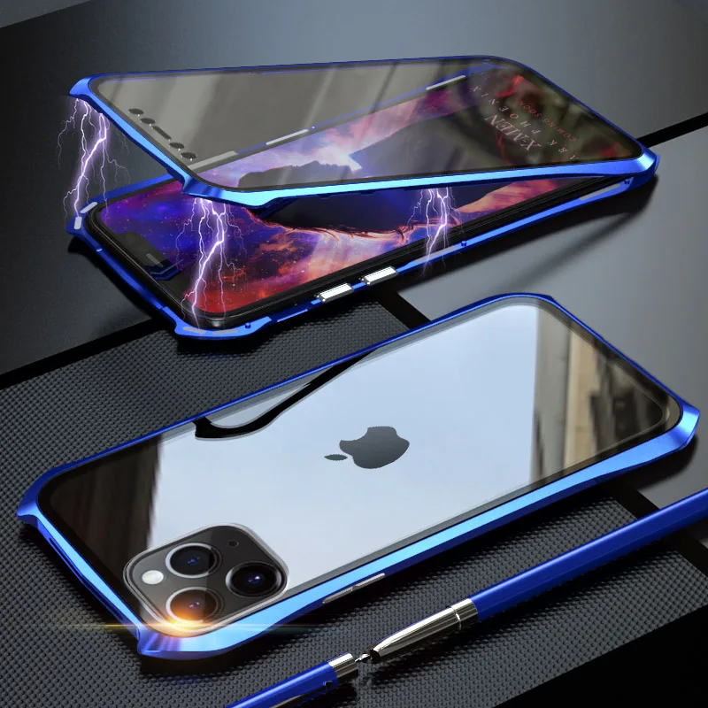360 полный защитный чехол для телефона для iPhone 11 Pro Max чехол Магнитный чехол s для iPhone 11 Pro Max чехол металлический Bumber - Цвет: Blue