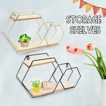 

Nordic Wall Decoration Storage Shelf Hexagon Modern Metal Iron Storage Rack Home Kitchen Decorative Wall Shelves Flower Holder