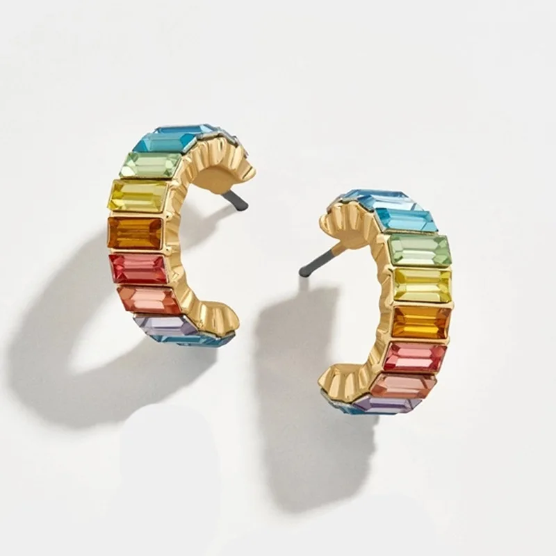Fashion Rainbow Cz Stud Earrings for Women Girls Gold Alloy C-Shape Statement Small Ear Cuff Earring Wedding Jewelry Gifts | Украшения и