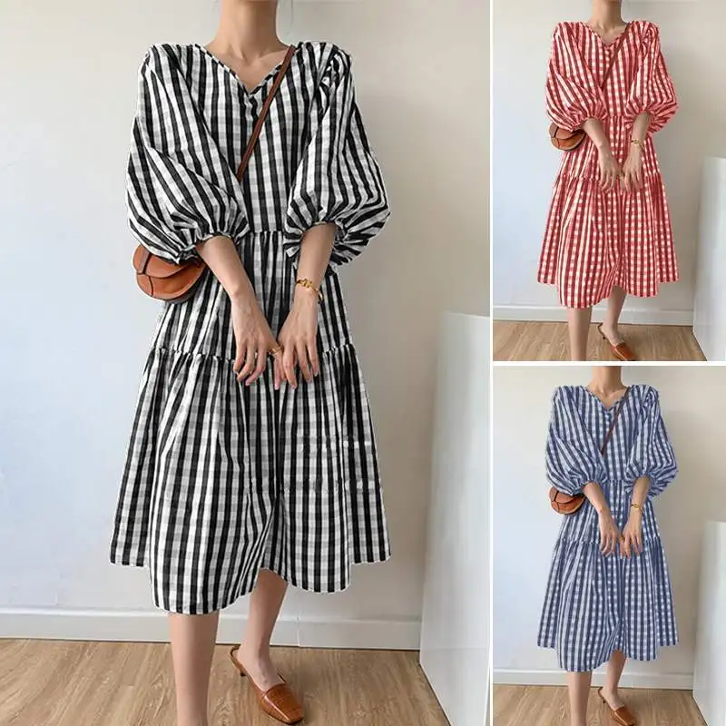 Stylish Summer Check Mid-Calf Dress ZANZEA Womens Puff Sleeve Sundress Vestidos Female V neck Casual Robe Femme Plus Size 5XL 7
