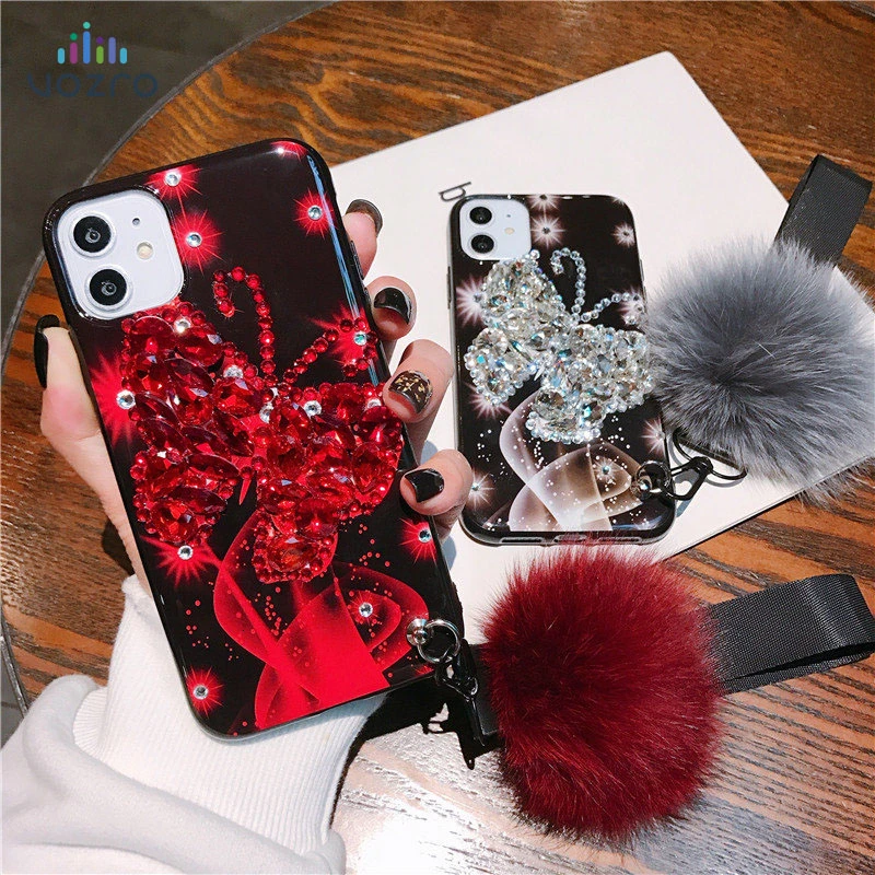 

Luxury Fashion Glitter Butterfly Hairball Phone Case For iPhone 11 Pro Max Jewelled Soft Cover For iPhone 6 7 8 Plus X Xr Xs Max