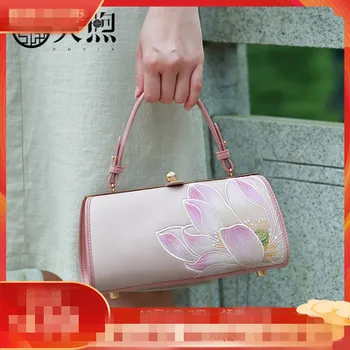 

Tianxi women's bag cowhide bag Chinese style lotus embroidery hand bag chain Single Shoulder Messenger Bag Fashion cheongsam bag