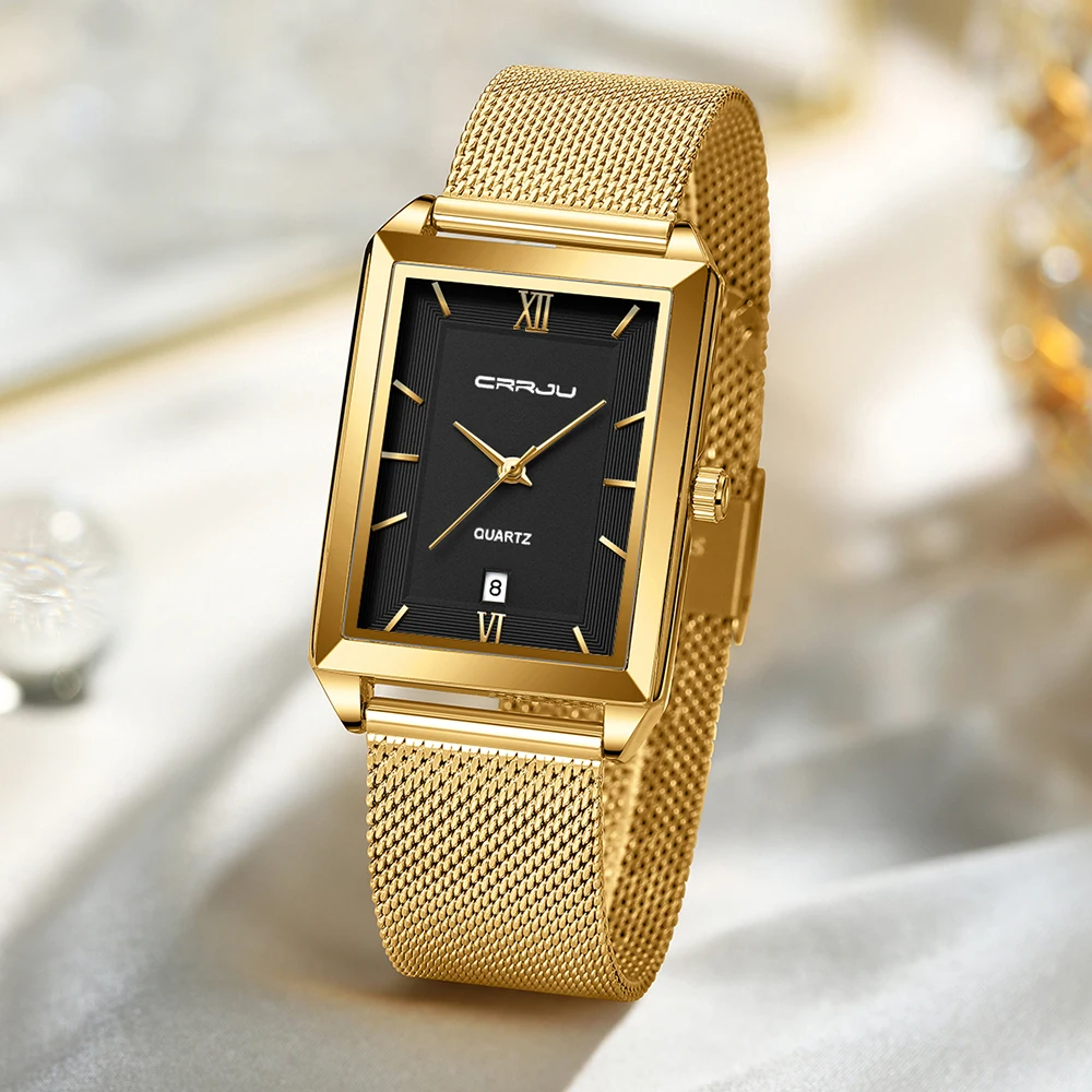 Relogio Masculino CRRJU Gold Watch Men Square Mens Watches Top Brand Luxury  Golden Quartz Stainless Steel Waterproof Wrist Watch - AliExpress