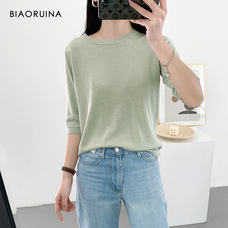 

BIAORUINA 7 Colors Women's Breathable Lurex Blend Simple Round Neck Loose Half Sleeve Thin Knitted Sweater Pullover One Size