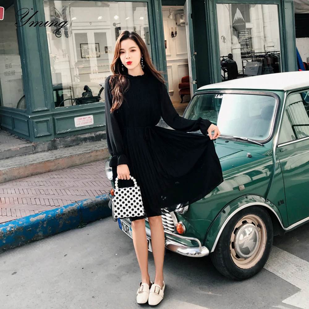 

YMING Spring Women's French Niche Retro Waist Long Sleeve Dress Solid Color Pleated Bottoming Dress Friends Party Travel