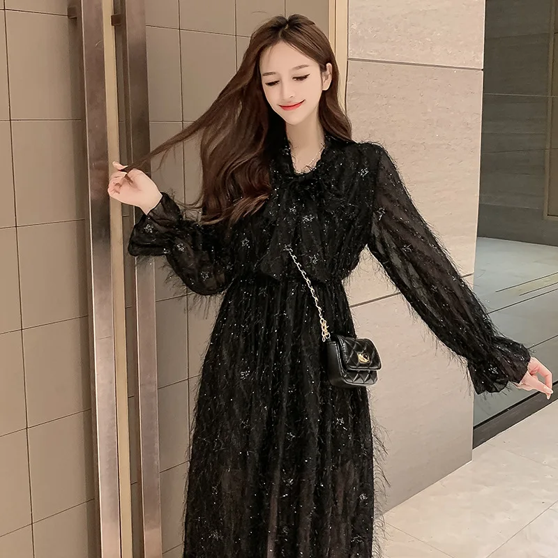

Spring Clothing 2020 French Dress Women's New Style Korean-style Lace-up Bow Medium-length over-the-Knee Tassels Base Skirt Spri