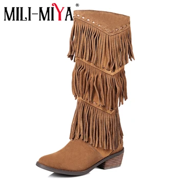 

MILI-MIYA New arrival mid calf boots women round toe autumn winter boots causal Low heels fashion fringe boots plus size 34-43
