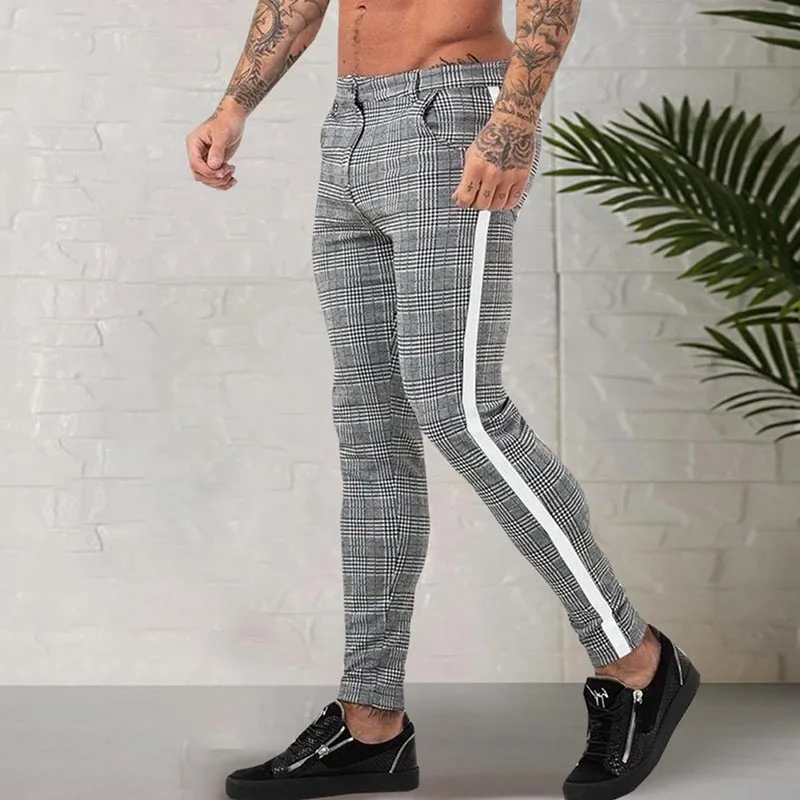 Новые повседневные клетчатые брюки, мужские брюки, облегающие брюки для бега, мужские обтягивающие мужские спортивные брюки, спортивные брюки