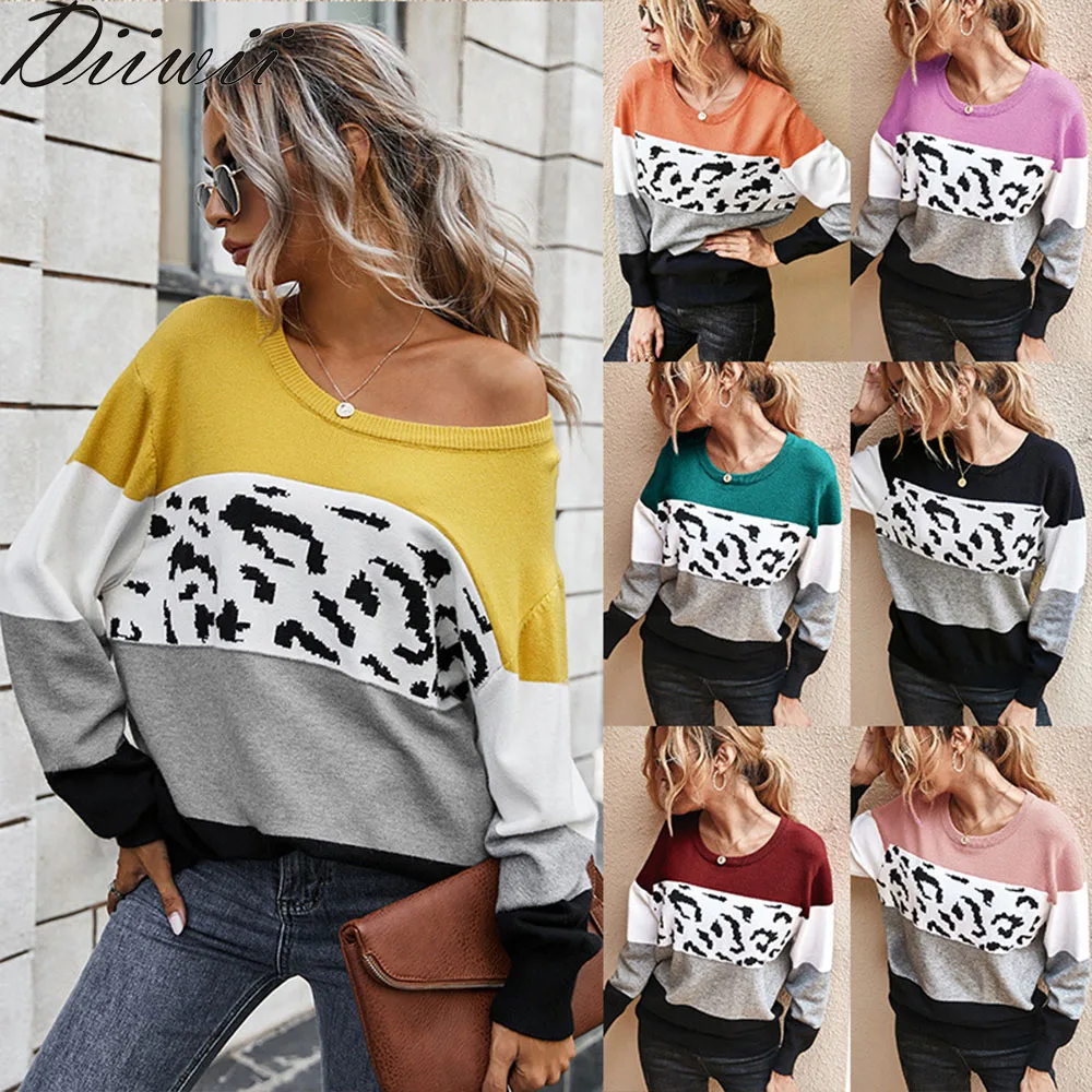 

Diiwii Color Block Leopard Long Sleeve Female Casual Loose Jumper Streetwear Autumn Pullovers Knitted Sweater Patchwork