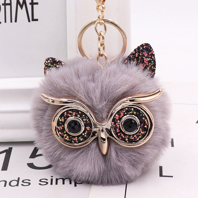 Cute Sequin Ears Owl Keychain Fluffy Artificial Rabbit Hairy Pom-pom Keychain Women's Shoulder Bag Owl Pendant Key Ring