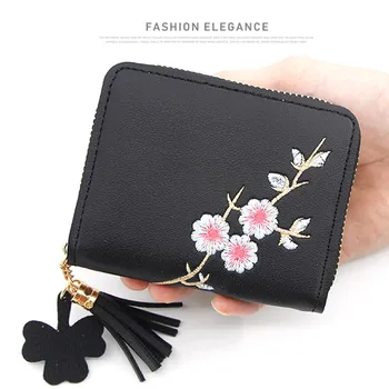 

Vintage Embroidery Flowers Lady PU Coin Purse Money Bag Small Wallets Fashion Women Female Hasp Zipper Short Wallet Dropshipping