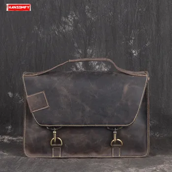 

New Genuine Leather Men Briefcase Cowhide Postman Bag Laptop Shoulder Diagonal Bag Male Retro Messenger Bags Crazy Horse Leather