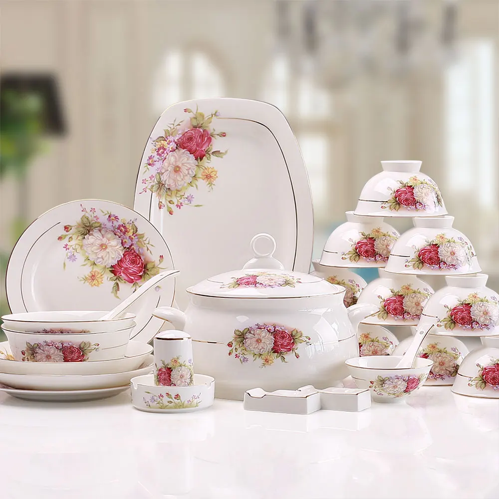 

56 Tangshan bone china tableware set, Phnom Penh, European style, red peony flower, high foot bowl, square plate