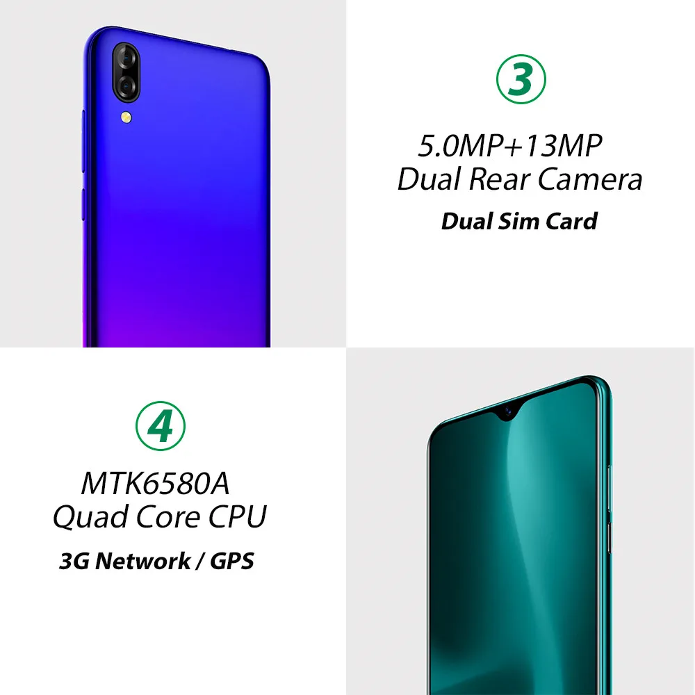  Blackview A60 Smartphone Quad Core Android 8.1 4080mAh Cellphone 1GB+16GB 6.1inch 19.2:9 Screen Dua