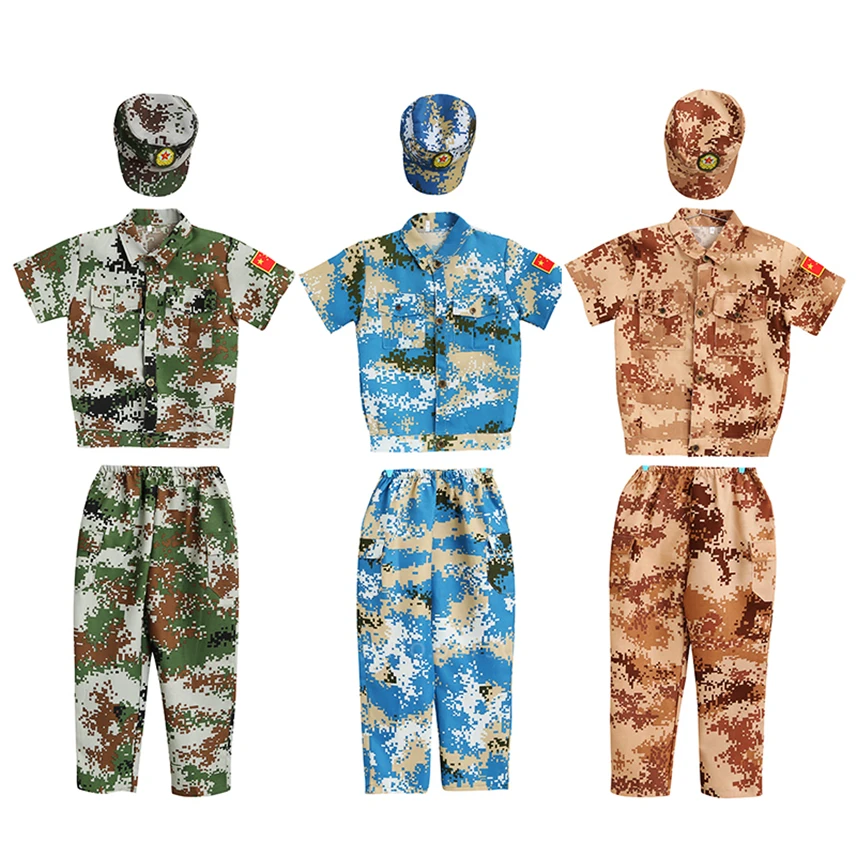 Камуфляжная одежда для мальчиков, детская армейская Униформа спецназа, костюмы для сцены, топ+ штаны+ ремень+ шапка, комплект, 110-160 см