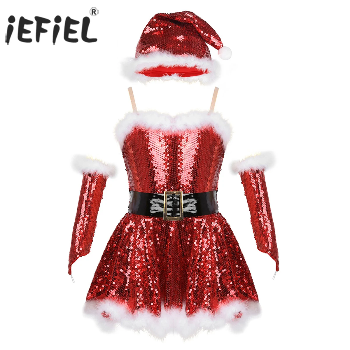 

Kids Girls Christmas Santa Dance Costume Holographic Figure Ice Skating Ballroom Children Stage Dancewear Leotard Dress with Hat
