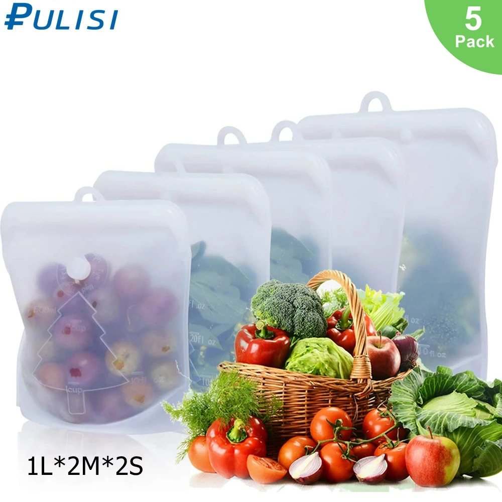 Reusable Silicone Food Storage Bags (5 x Medium) for Sandwich, Snack, Lunch,  Vegetable, Fruit, Sous Vide, Liquid