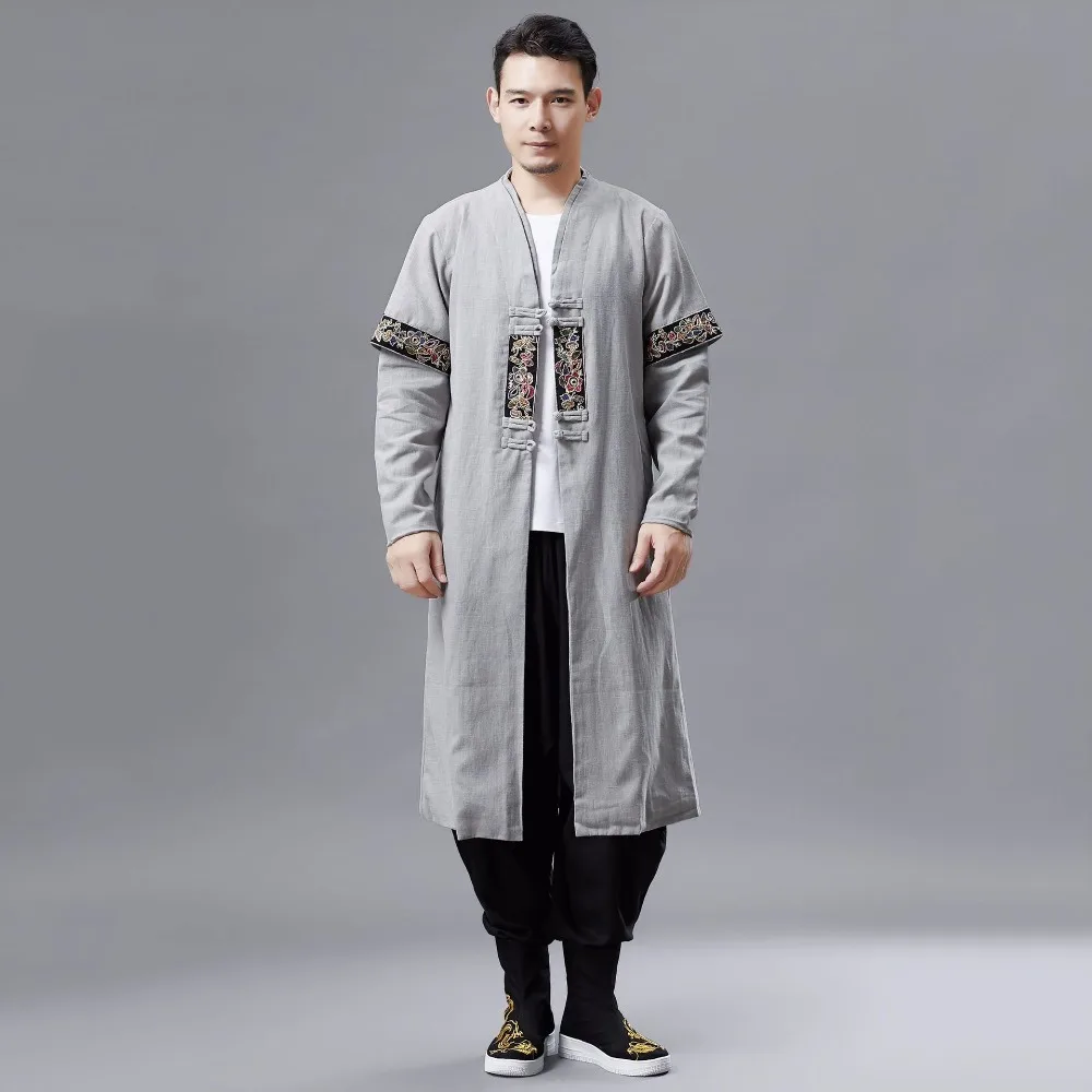 LZJN 2019 Men Autumn Trench Coat Cotton Linen Longline Long Sleeve Jacket Chinese Frog Buttons Outfit Overcoat with Pockets (21)