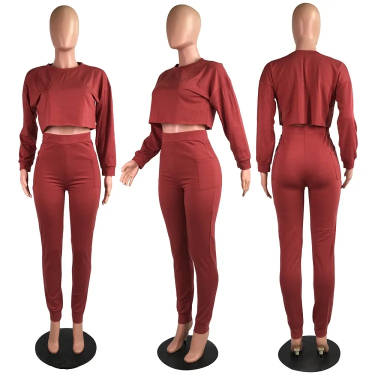 A080516 best price round neck solid candy color crop top pocket high waist ladies pants 2 piece sets
