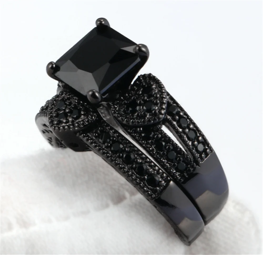 Wedding Rings Titanium Steel Womens Black Princess Cut Heart CZ Crystal