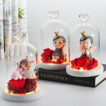 

Preserve Real Rose Cartoon In Glass Dome Flower Christmas Decorations Accessories Home Wedding Present Birthday Valentine Gift