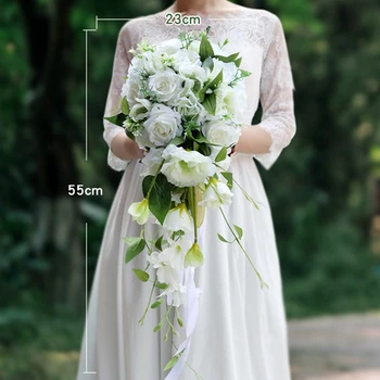 

White Cascading Bridal Bouquets Artificial Rose Orchid Artificial Silk Flower Handmade Wedding Bouquet